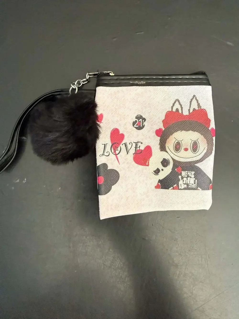 The Monsters Labubu Character Print Zip Pouch with Pom Pom
